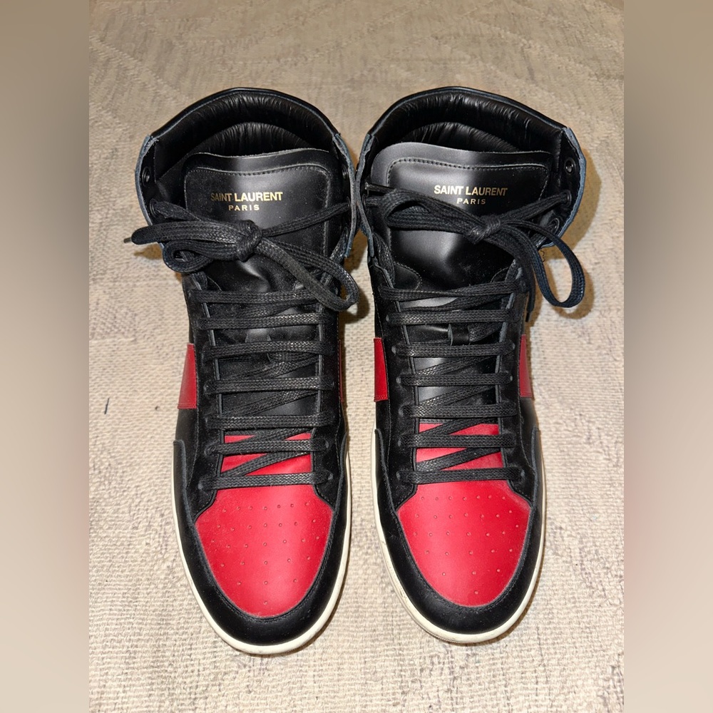 Saint Laurent SL/10H Signature Men’s Court Classic High-Top Sneakers Black-Red - Picture 9 of 12